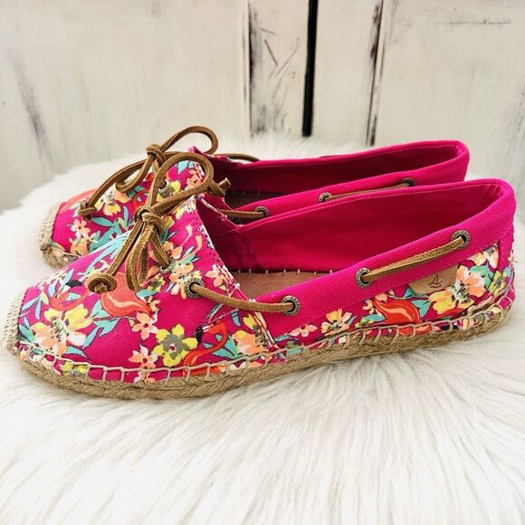 Sperry Hot Pink Floral Tropical Espadrille Flat Boat Shoes Summer Vacation 7.5 M - Picture 1 of 8